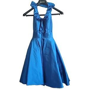Blue Marilyn Monroe Halter Knee Length Ruffle Designer Flare Formal Dress Size 2